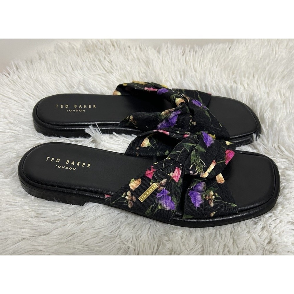 Ted Baker Ashina Knot Slide Sandals Mule 7.5 Black Floral Slip-On 37.5 - Picture 2 of 7